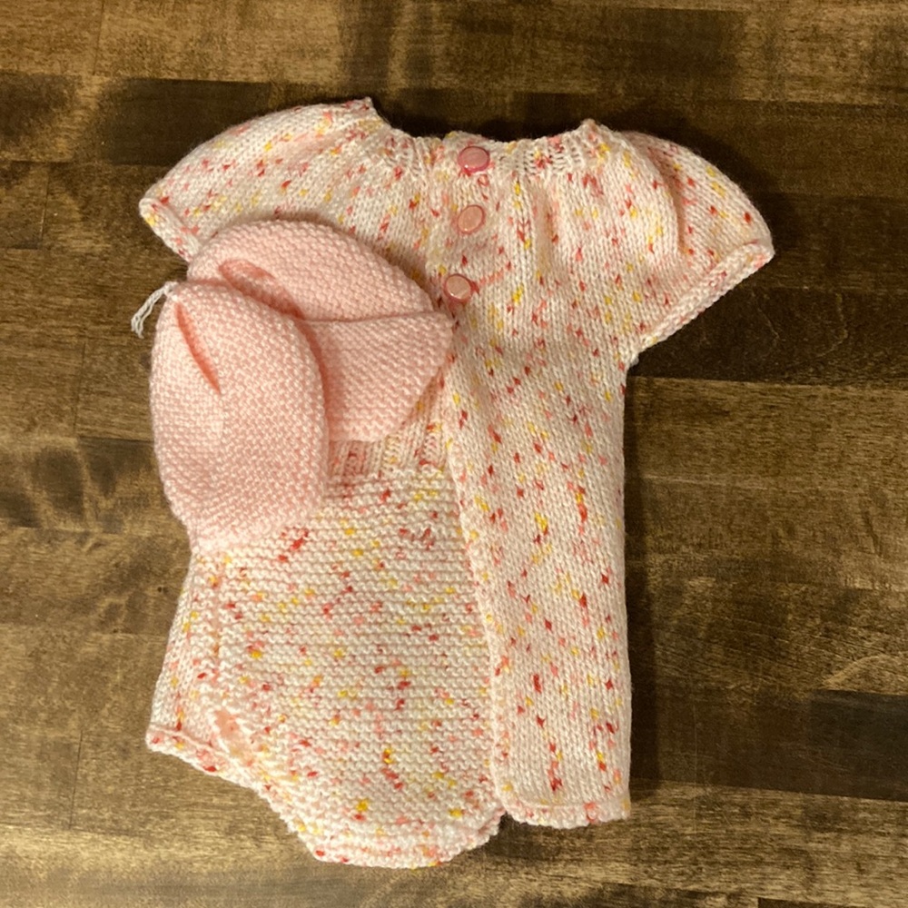 0-3 month baby girl French hand knitted 3 piece set, pink with multicolor dots